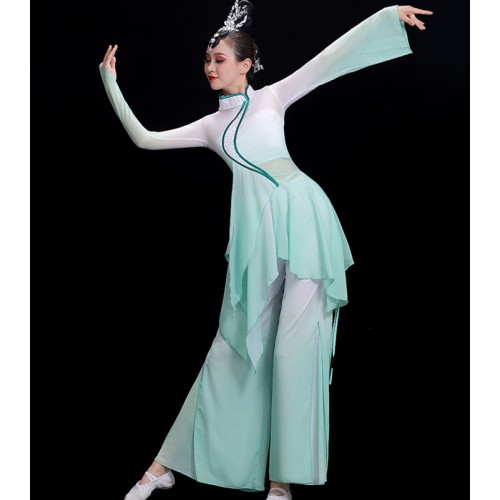 Women mint gradient colored Chinese folk dance dress Yangko fan umbrella dance costume female elegant classical dance art examination fan dance wear for female